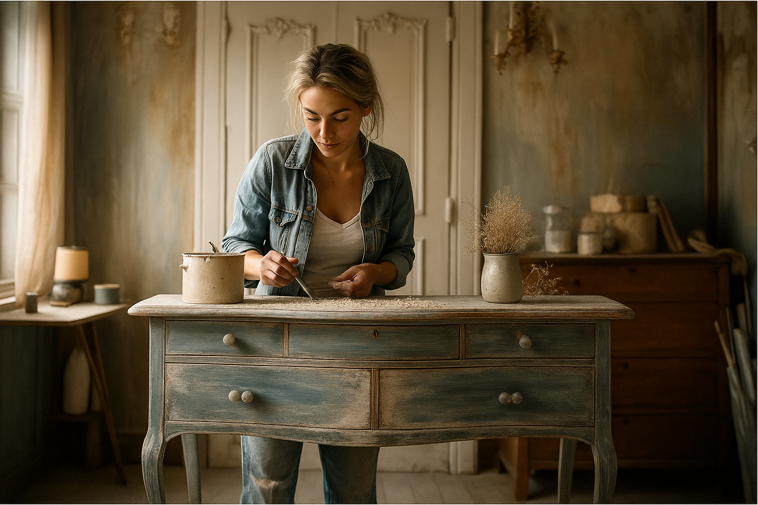 hohome-relooking-arte-terapia-restyling-como-blu Donna che rinnova un comò blu in una stanza cozy: home relooking e arte terapia